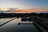 Aerial view of an artificial lake at sunset