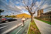 Motion blur of saketer by Macarena Wall and hotel in Seville.