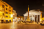 Rome, Italy, July 22 2017, Illuminated Pantheon and square with obelisk in Rome at night.