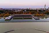 Aerial view of an artificial lake at sunset