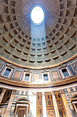 Rome, Italy, July 2017, The breathtaking oculus of the Pantheon dome illuminates the interior, showcasing ancient Roman architecture and artistry in Rome.