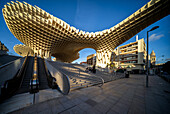 Seville, Spain, Jan 28 2021, Captivating view of Las Setas, a modern architectural masterpiece in Seville, Spain. The structure's intricate design is highlighted by a clear blue sky.