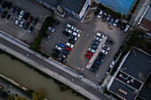 Aerial view of an urban school parking lot