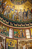 Rome, Italy, July 2017, The stunning mosaics by Pietro Cavallini adorn the apse of Santa Maria in Trastevere, showcasing intricate religious imagery in Rome.