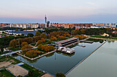 Aerial view of an artificial lake at sunset