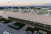 Aerial view of Zaragoza–Delicias railway and central bus station at sunset