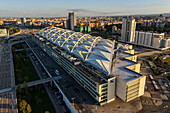 Aerial view of Zaragoza–Delicias railway and central bus station at sunset