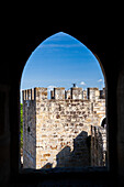 Explore the stunning architecture of Saint George Castle, featuring its iconic battlements framed by an ogival window.