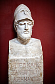 Rome, Italy, July 22 2017, The herm of Pericles, inscribed with his lineage, is showcased at the Vatican Museums, reflecting classical Roman artistry.