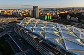 Aerial view of Zaragoza–Delicias railway and central bus station at sunset