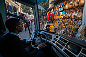 A bus driving in Khan Al-Khalili market, Cairo, Egypt.