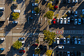 Aerial view of parking lot in shopping center