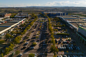 Aerial view of parking lot in shopping center