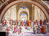 Rome, Italy, July 22 2017, The intricate fresco of the School of Athens, depicting famous philosophers, in the Vatican Museums.