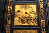 Biblical scenes on the Gates of Paradise or East Doors of Saint John's Baptistery in Florence, Italy. This panel depicts Moses on Mt. Sinai.