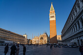 St. Mark's Basilica & campanile on St. Mark's Square in Venice, Italy. At left is the Procuratie Vecchie with the Procuratie Nuove at right.