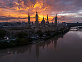 Aerial view of El Pilar Basilica Cathedral and the Ebro River at sunset, Zaragoza, Spain