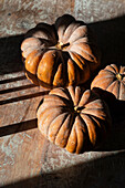 Pumpkins on rustic wooden table in autumn light
