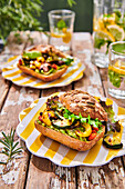 Pumpkin roll with avocado spread and grilled vegetables
