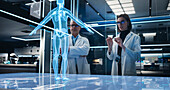Bioengineers working with human skeleton hologram