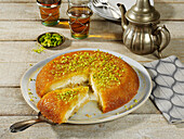 Turkish kataifi cake with ricotta and mozzarella
