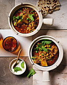 Chicken and keema curry with potatoes and peas