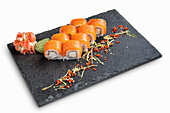 California rolls with salmon, wasabi and ginger