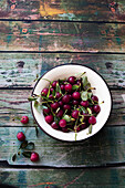 Bowl with fresh sour cherries