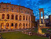 Ruins of the Theater of Marcellus or Teatro di Marcello and columns of the Temple of Apollo Sosianus in Rome, Italy.