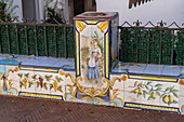 A colorful ceramic bench with a lemon motif in the resort town of Anacapri on the island of Capri, Italy.