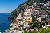 View of the seaside resort town of Positano on the Amalfi Coast in Italy, as viewed from the south.