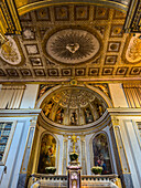 Painted ceiling & main altar & altarpiece in the apse of the Basilica of Sant'Antonino, Sorrento, Italy.