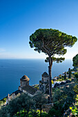 View of the Gulf of Salerno & San Michele Arcangelo Church from the Rufolo gardens in Ravello. Amalfi Coast of Italy.