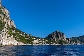 The seaside resort town of Marina Piccola on a hillside by the Tyrrhenian Sea on the island of Capri, Italy.