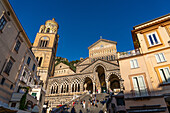 The facade of the Duomo of Amalfi, the Cathedral of St. Andrew, in Amalfi, Italy.