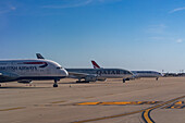 International airliners parked on the apron at Dallas Fort Worth International Airport. Dallas, Texas.