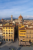 View of the Duomo or Cathedral of Santa Maria del Fiore from the Palazzo Vecchio tower in Florence, Italy.