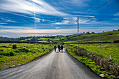 People walking a scenic rural road with a green landscape in Alosno, Spain