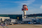 The air traffic control tower at Rome's Leonardo da Vinci International Airport in Fiumicino, Italy.