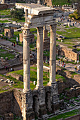 Ruins of the Temple of Castor and Pollux in the Roman Forum, Colosseum Archeological Park in Rome, Italy.