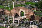 Ruins of the Basilica Aemilia in the Roman Forum in the Colosseum Archaeological Park in Rome, Italy.