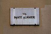 A street sign for Via Dante Alighieri, the street where Dante's house in located in Florence, Italy.