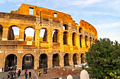 The ancient Roman Colosseum or Flavian Amphitheater with golden sunset light in Rome, Italy.