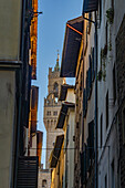 The Arnolfo Tower of the Palazzo Vecchio framed between buildings of a narrow street in Florence, Italy.