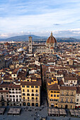 View of the Duomo or Cathedral of Santa Maria del Fiore from the Palazzo Vecchio tower in Florence, Italy.