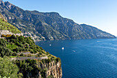 The Amalfi Coast in italy with the town of Praiano on the Gulf of Salerno in the distance.