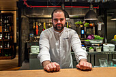 Portrait of Aitor Santamaria renowned Michelin starry chef of the Sukaldean Restaurant in San Sebastian Donostia Historic centre. Guipuzcoa. Basque Country. Spain. Europe