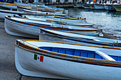 Wooden rowboats hauled out on the ramp in the Marina Grande harbor on the island of Capri, Italy.