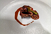 Venison, semolina and its juice in the Sukaldean Restaurant of Aitor Santamaria renowned Michelin starry chef in San Sebastian Donostia Historic centre. Guipuzcoa. Basque Country. Spain. Europe