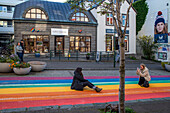 Skolavoerdustigur Rainbow street in Reykjavik in Iceland, painted in rainbow colours during the cities annual Gay Pride Festival